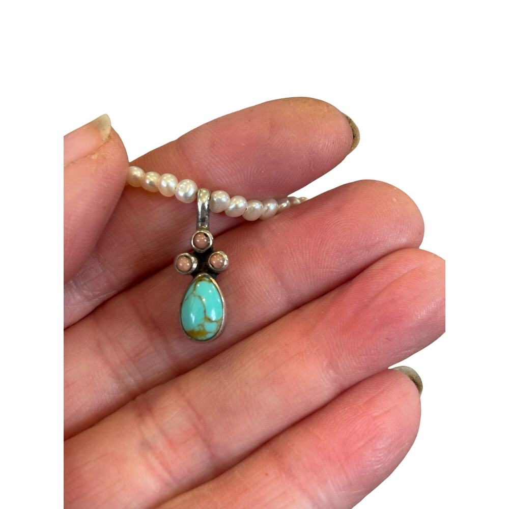 Tiny Pearl Turquoise Pendant Necklace Southwestern F.L.D. Signed 16” - Picture 4 of 6